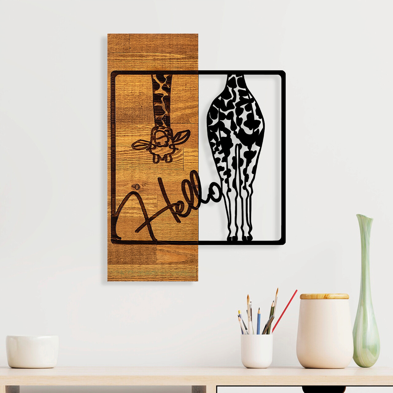 Decoratiune de perete, Hello, Dimensiune: 35 x 3 x 50 cm, Negru / Nuc deschis - imagine 6